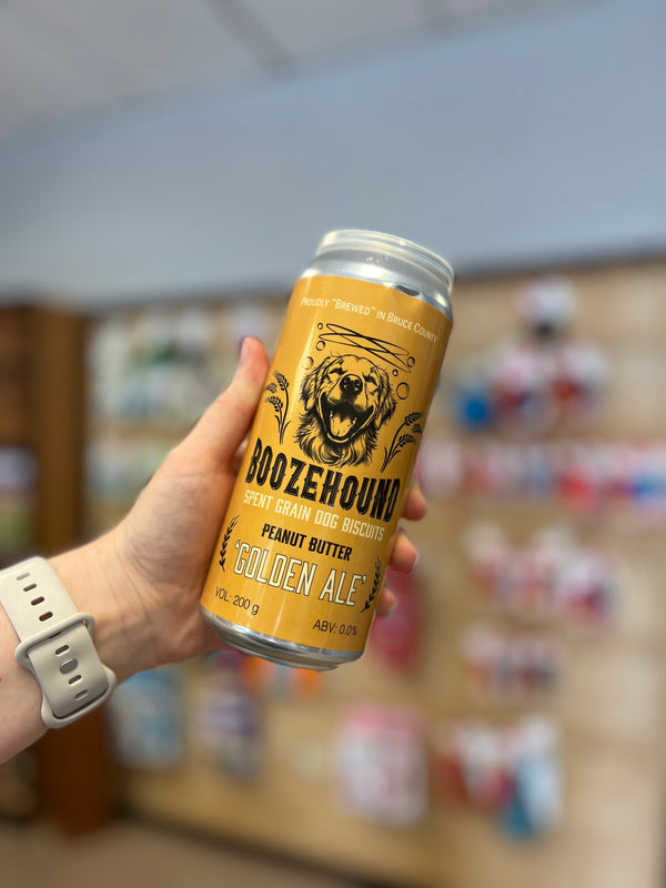 Image of Boozehound Spent Grain Dog Biscuits can, featuring locally made, sustainable dog treats packed with fiber, protein, and probiotics that support healthy digestion and eco-conscious pet care.