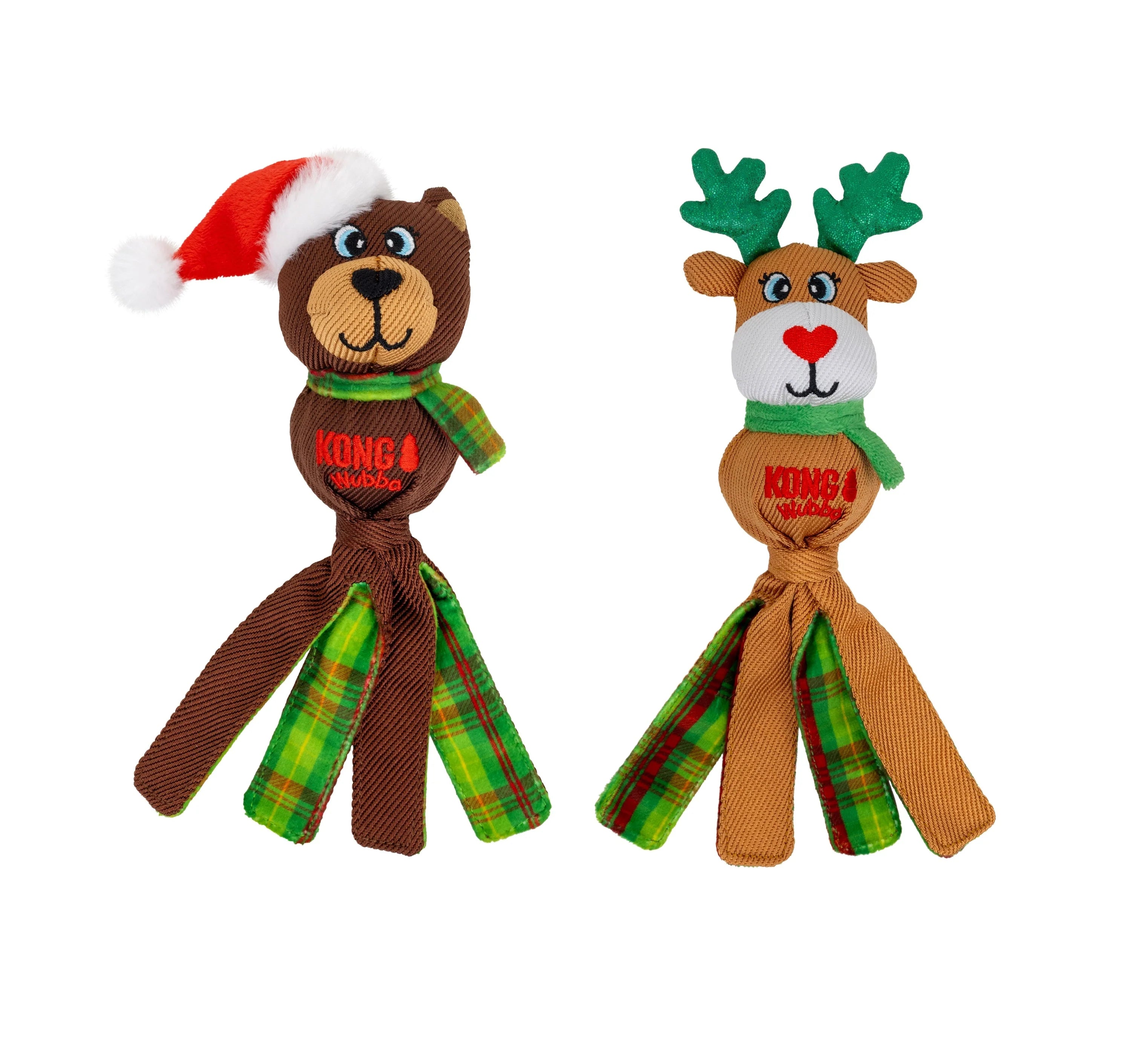 KONG Holiday Wubba dog toy with assorted festive characters – a squeaky tug-and-toss toy featuring long floppy tails that spark shaking and fetching instincts, reinforced durable fabric gentle on teeth, available in Small and Large sizes as a reindeer, bear, or Santa surprise