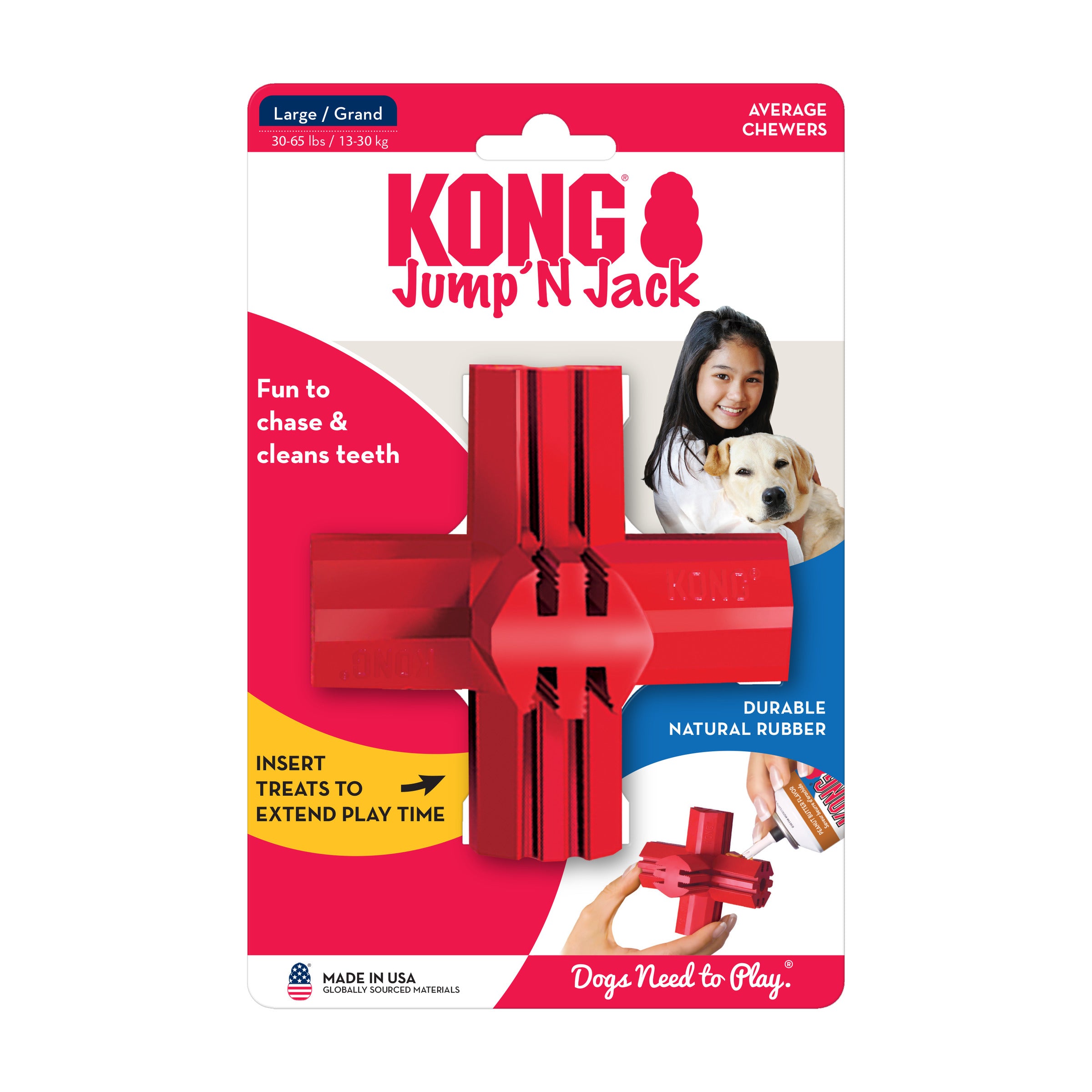 Front view of KONG Jump'N Jack packaging, showcasing the toy’s unique design for dental health, ideal for play and chew sessions.