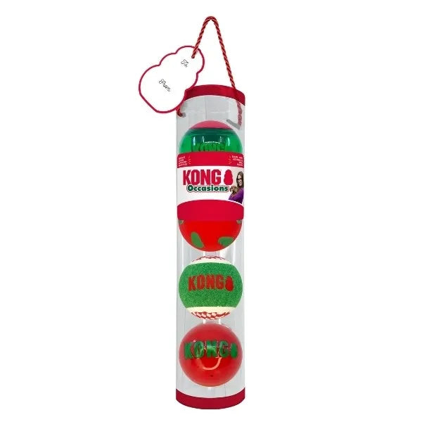 KONG Holiday Occasions Ball 4-Pack in packaging, showcasing durable, high-bounce rubber balls with festive holiday designs for extended, engaging play.