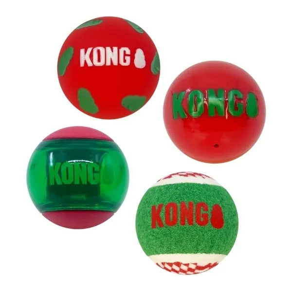 Close-up of KONG Holiday Occasions Balls, featuring durable, high-bounce rubber construction and holiday-themed designs, perfect for interactive fetch.