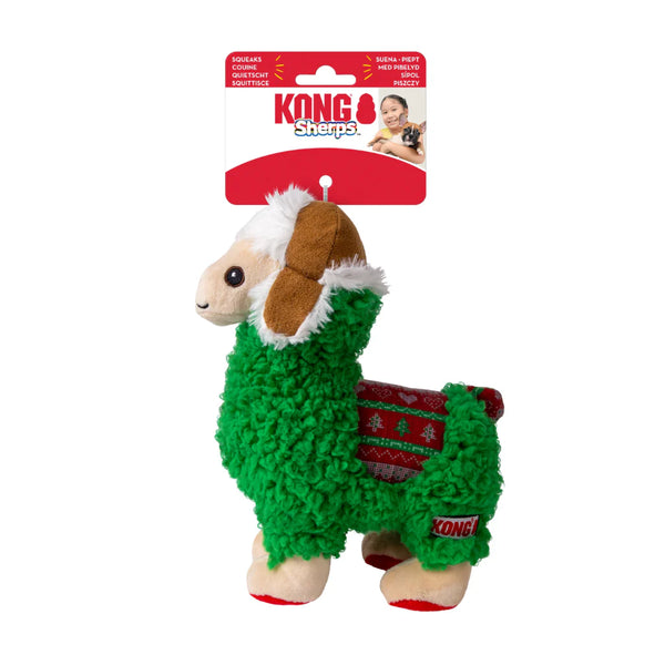 Side view of the KONG Holiday Sherps Llama Dog Toy showing its ultra-soft plush material, festive holiday details, and durable stitched design. Features a built-in squeaker and crinkly body that promote playful engagement while remaining gentle on your dog’s teeth and gums — perfect for cuddling and light indoor fun during the holidays.