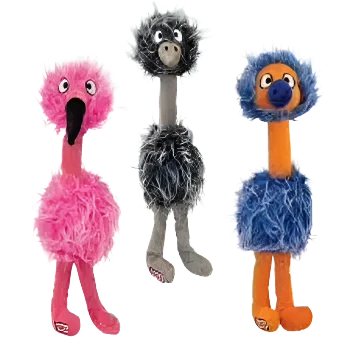 KONG Comfort Jumbo Bird plush toy in three vibrant colors: pink, blue, and grey, showcasing its long, floppy design.