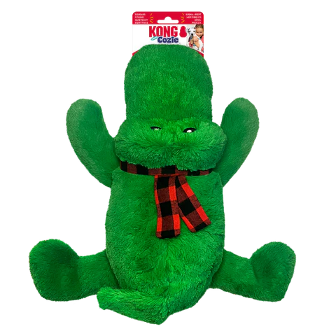 Top view of Kong Holiday Cozie Jumbo XL Alligator toy, displaying plush material, checkered scarf, and robust build, perfect for cozy holiday cuddles and engaging play.