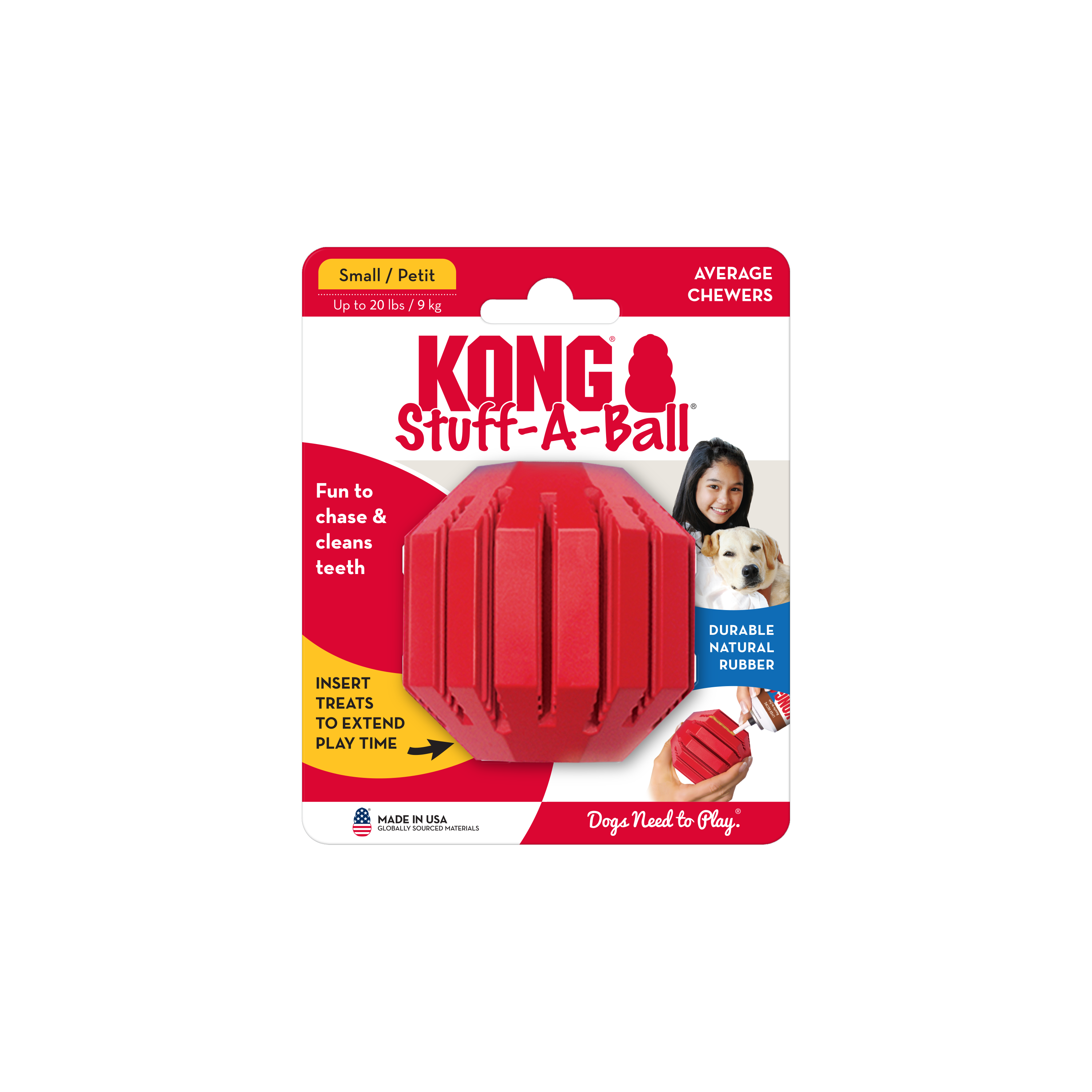 Front view of Kong stuff a ball dog toy, fun to chase and clean teeth.  Insert treats to extend play time