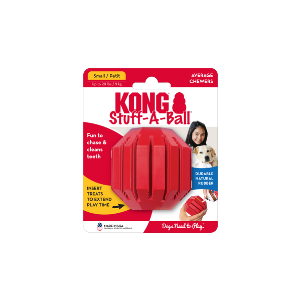 Front view of Kong stuff a ball dog toy, fun to chase and clean teeth.  Insert treats to extend play time