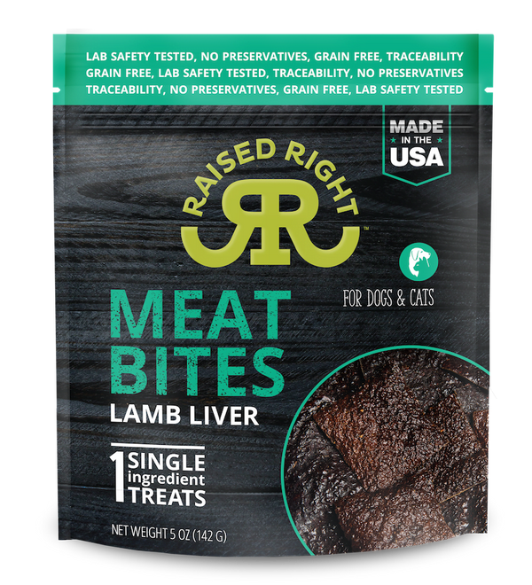 Raised Right Meat Bites: Image displaying the product packaging, showcasing the premium single-ingredient meat treats