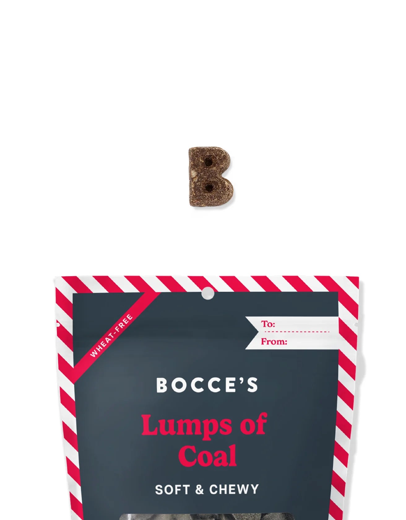 Close-up of Bocce’s Bakery Lumps of Coal Dog Treats, showcasing a soft, chewy texture and festive, treat-size portions ideal for all dogs.