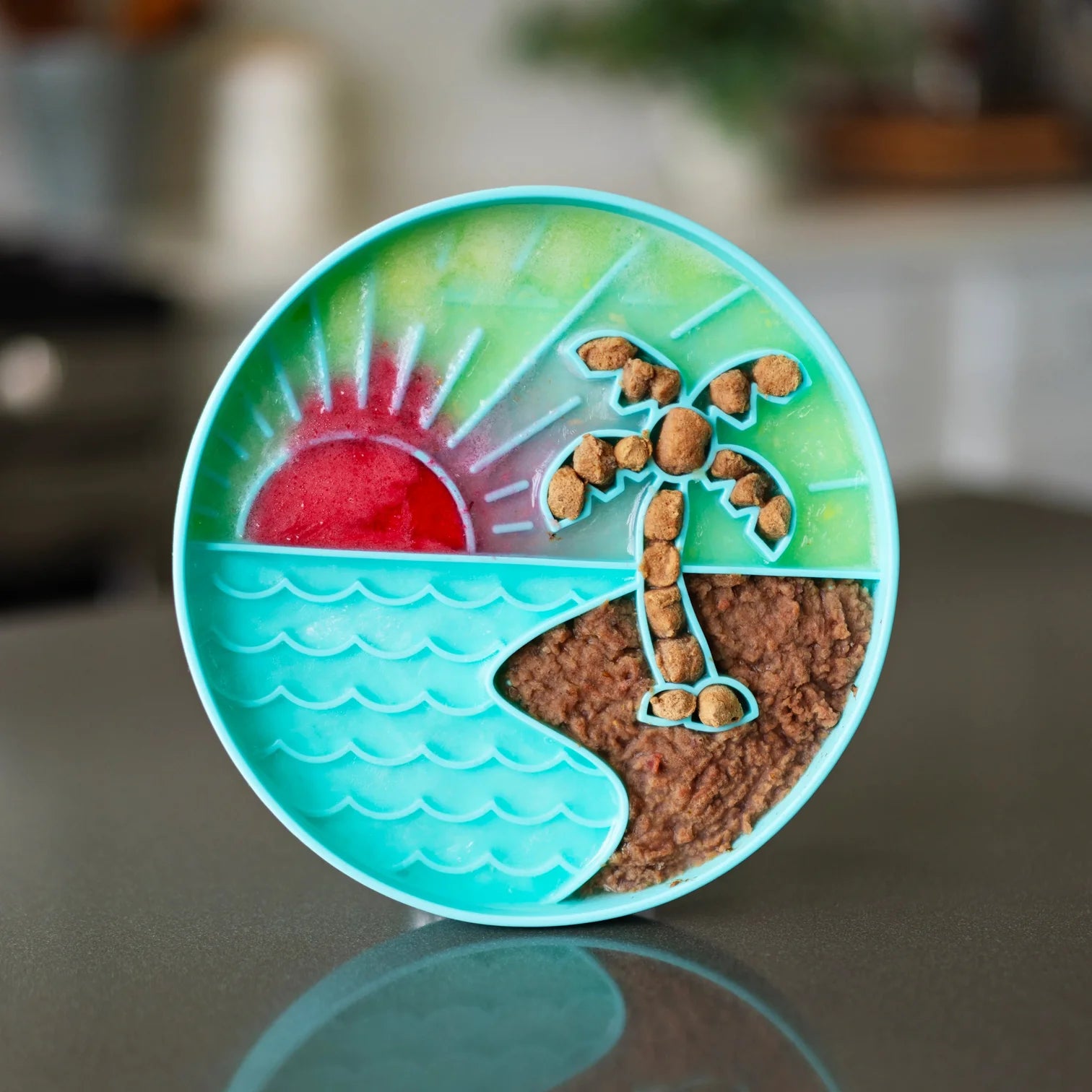 Silicone lick bowl filled with frozen broth, yogurt, and soft food demonstrating long-lasting enrichment, mess-free feeding, and soothing lick therapy that keeps dogs occupied and mentally stimulated.