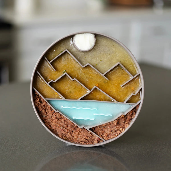 Silicone lick bowl filled with frozen yogurt, broth, and soft food, demonstrating freezer-safe enrichment that prolongs treat time, cools dogs during warm weather, and provides long-lasting mental stimulation.