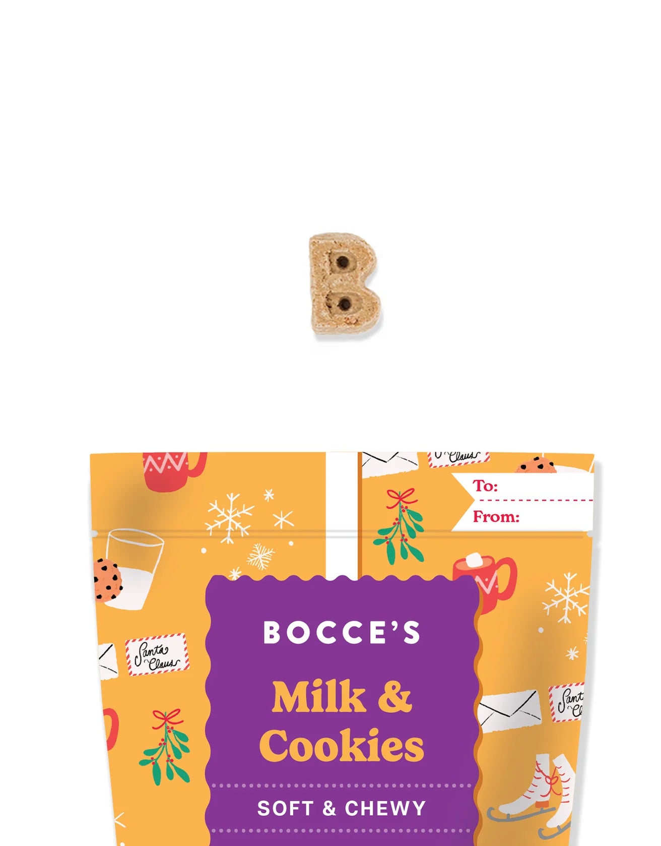 Close-up of Bocce’s Bakery Milk & Cookies treats showing the soft, chewy texture and holiday-inspired peanut butter, carob, and vanilla flavor.