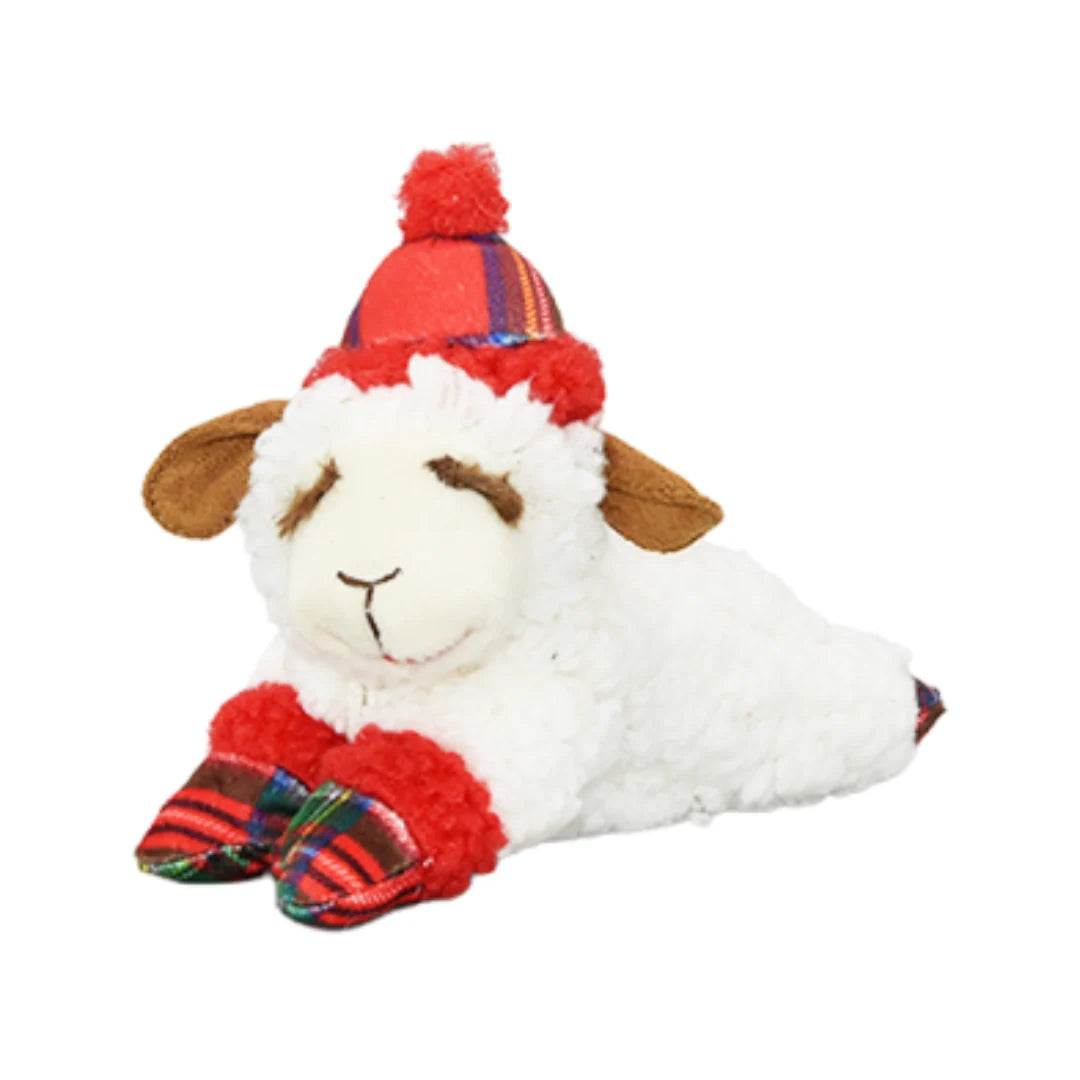 Multipet Holiday Lamb Chop Red Plaid dog toy – the iconic classic Lamb Chop plush wearing a Santa hat and red plaid flannel mittens, featuring a super-soft cuddly exterior and built-in squeaker for snuggles and squeaky holiday play, available in 6 and 10.5 inch sizes