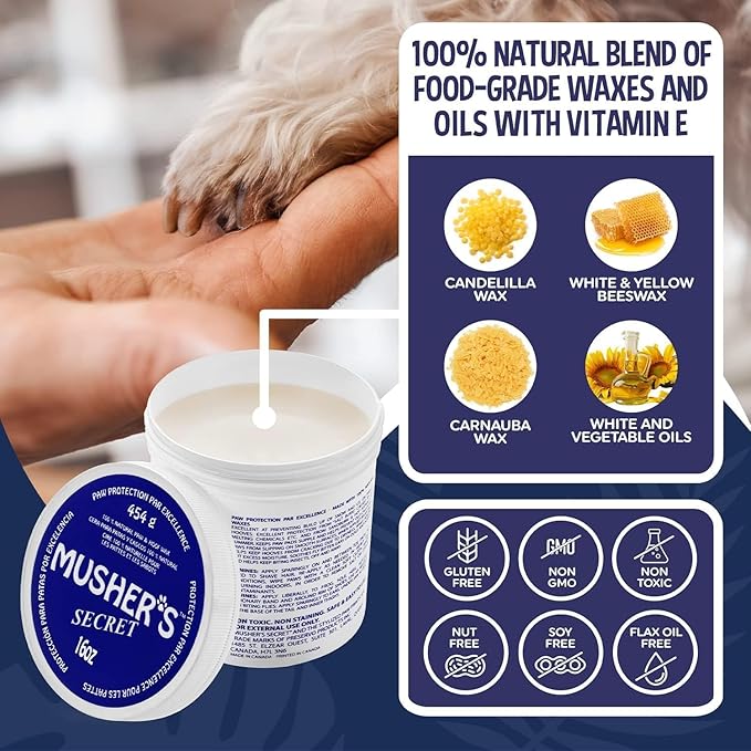 Image of Musher’s Secret balm with lid open, showing smooth wax texture and featuring natural ingredients like beeswax and Vitamin E that help moisturize and heal dry, cracked paw pads.