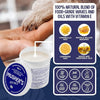 Image of Musher’s Secret balm with lid open, showing smooth wax texture and featuring natural ingredients like beeswax and Vitamin E that help moisturize and heal dry, cracked paw pads.