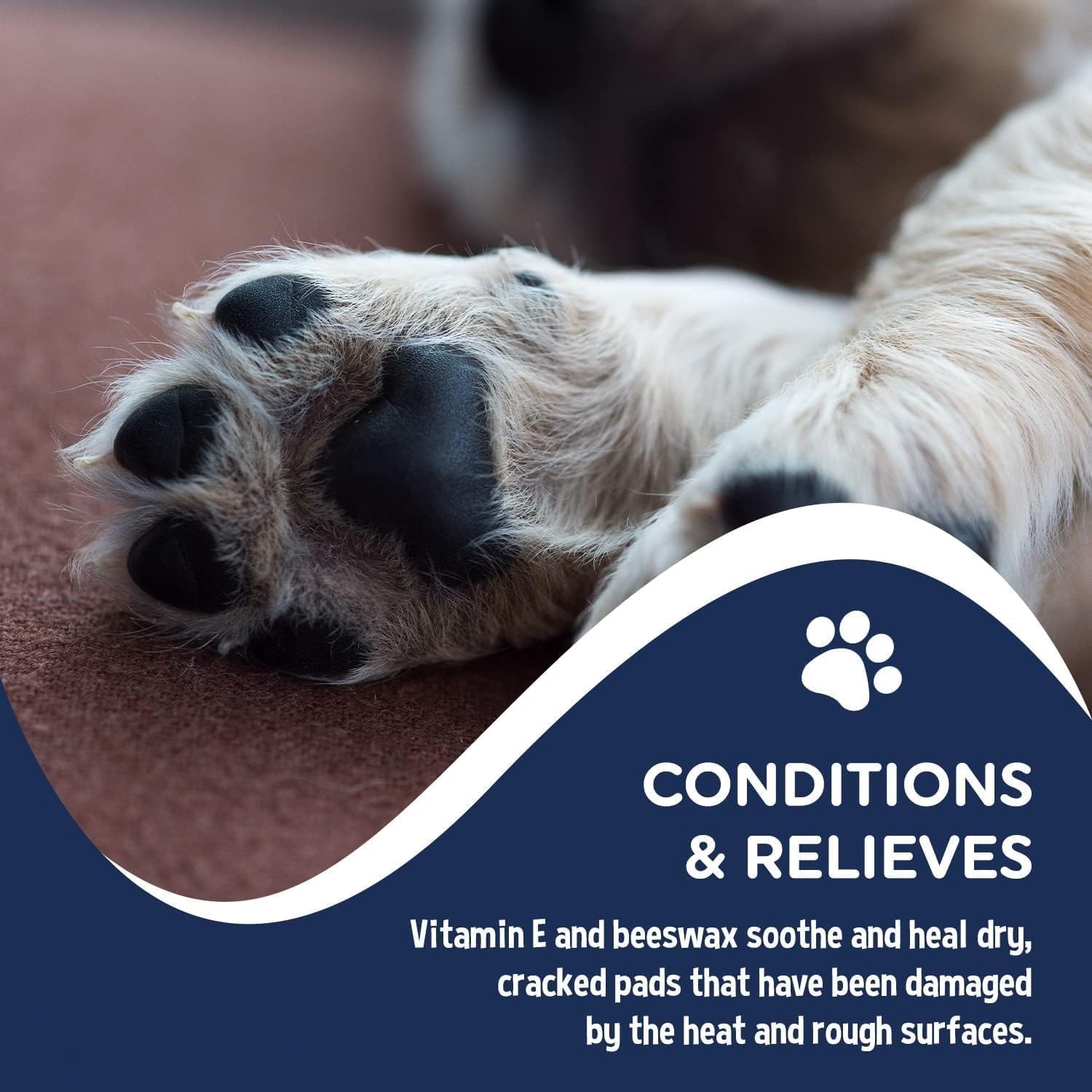 Close-up of a dog’s paw with Musher’s Secret applied, emphasizing how Vitamin E and beeswax condition and repair damaged pads caused by heat, ice, salt, or rough surfaces.