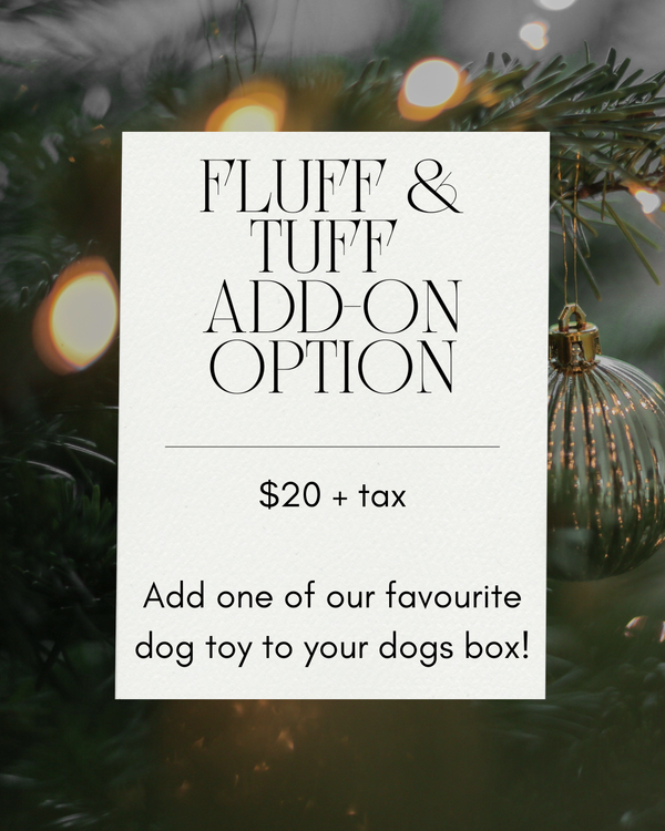 Fluff & Tuff Add-On showcasing a durable plush toy upgrade, perfect for dogs who love soft yet tough playtime fun — add it to any Mystery Box for extra festive excitement.