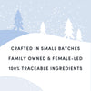 Label image indicating Crumps’ Naturals Nice Nibbles is female-owned, produced in small batches, and made with fully traceable ingredients for quality assurance and sustainability.