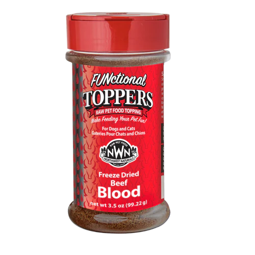 Front view of Northwest Naturals Freeze-Dried Beef Blood Topper, showcasing the label and nutritional benefits for dogs and cats.