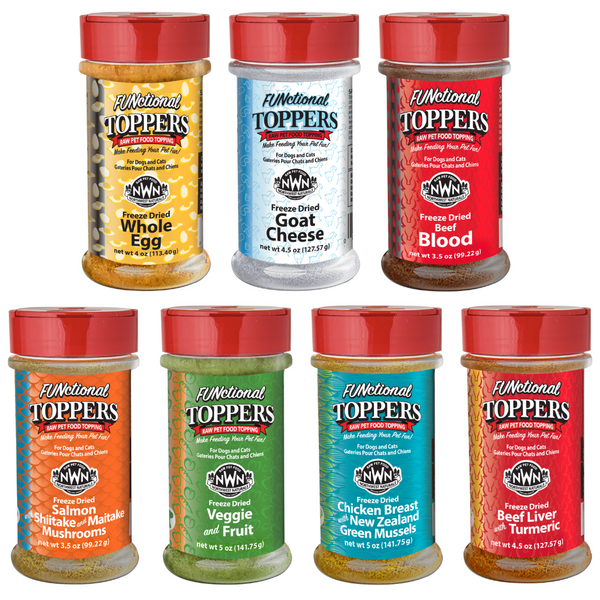 All flavours of Northwest Naturals freeze dried dog meal toppers including freeze dried whole egg, freeze dried goat cheese, freeze dried beef blood, freeze dried salmon & shiitake mushroom, freeze dried veggies and fruit, freeze dried chicken and green mussels, freeze dried beef liver and turmeric.