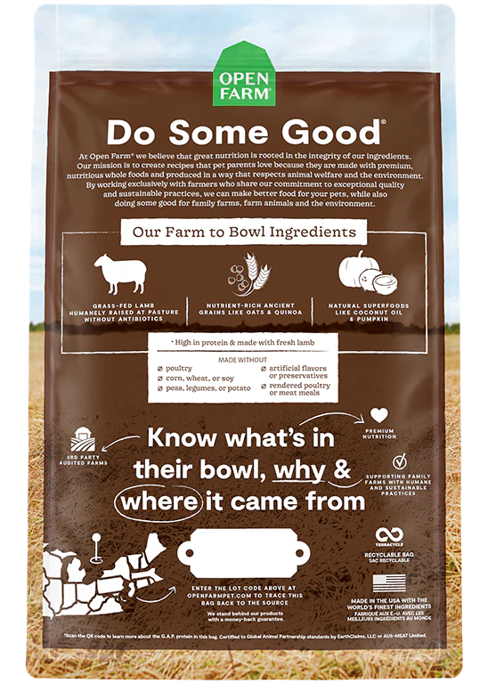 Nutritional information for Open Farm Pasture-Raised Lamb & Ancient Grains Dog Food, showcasing healthy, traceable ingredients for immune support.