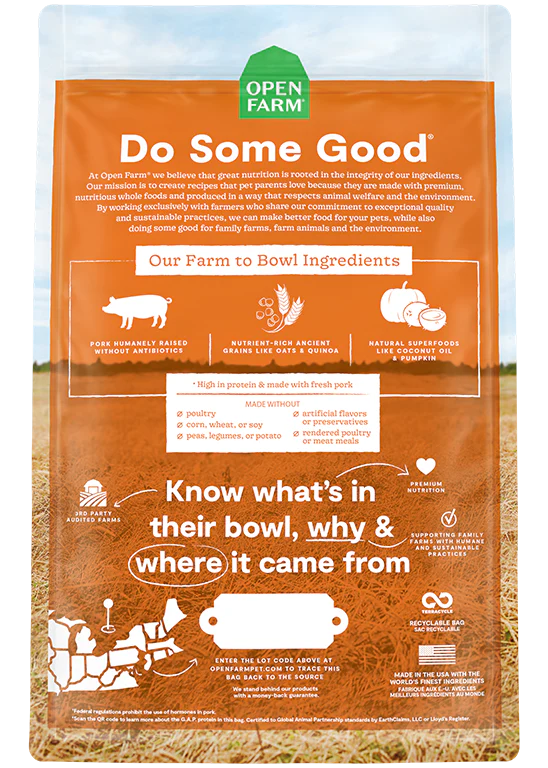 Nutritional details for Open Farm Pork & Ancient Grains formula, showing clean ingredients for immune and digestive health