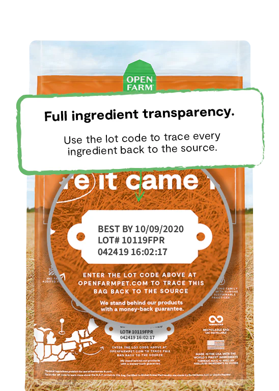 Open Farm’s transparency with sustainably sourced pork and ancient grains for wholesome dog nutrition.