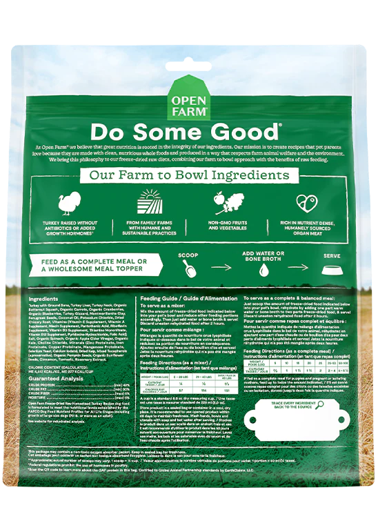 Nutritional breakdown of Open Farm Homestead Turkey Freeze Dried Raw, with quality ingredients for balanced nutrition.