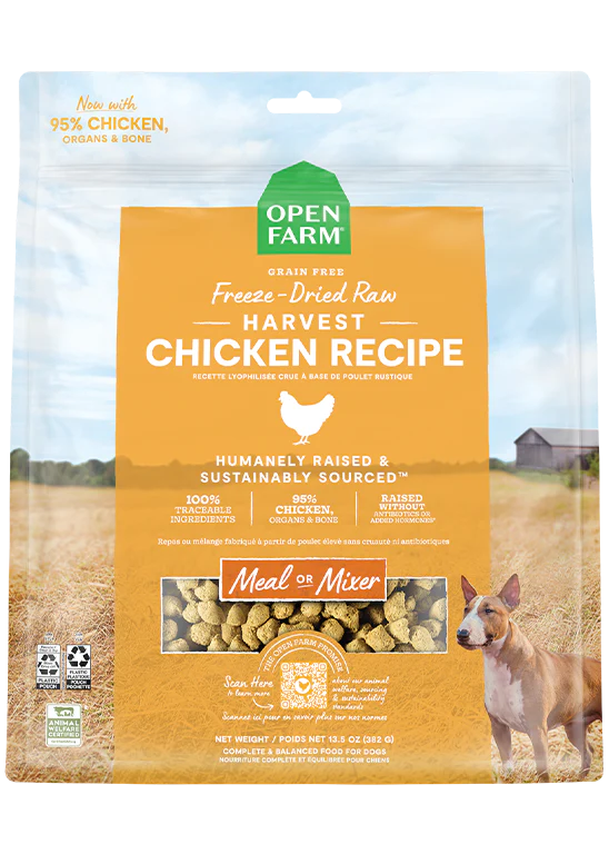 Open Farm Harvest Chicken Freeze Dried Raw Dog Food bag, featuring humanely raised chicken and organic superfoods for balanced health.