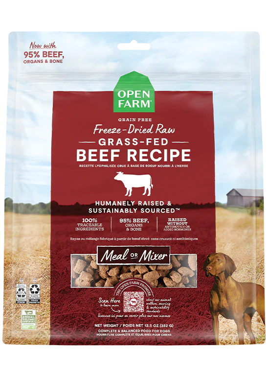 Front of Open Farm Grass-Fed Beef Freeze Dried Raw bag, featuring pasture-raised beef and organic veggies for dogs’ wellness.