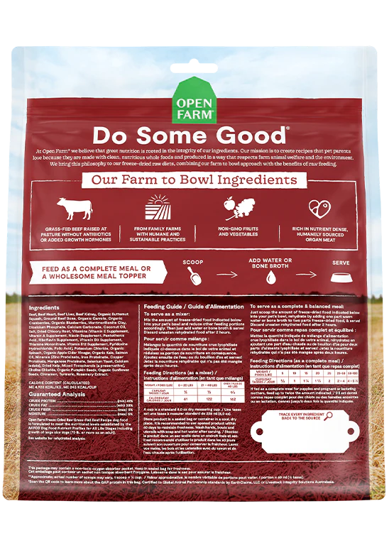 Open Farm Grass-Fed Beef back label detailing premium ingredients and health benefits.