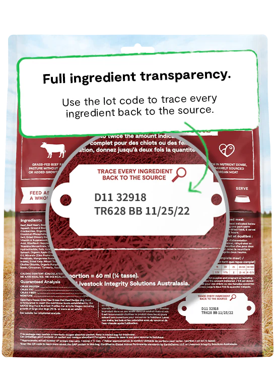 Open Farm’s fully traceable, family-farmed ingredients for Grass-Fed Beef formula.