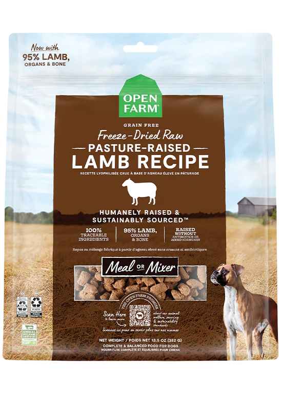 Front of Open Farm Pasture-Raised Lamb Freeze Dried Raw, featuring New Zealand lamb and organic superfoods for dog health.