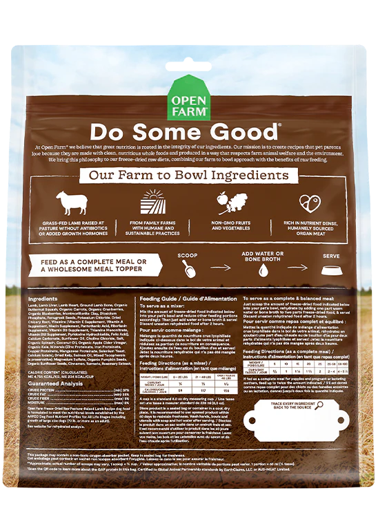 Back label of Open Farms Freeze Dried Raw Dog Food highlighting lamb-based, nutrient-rich formula for vibrant health.