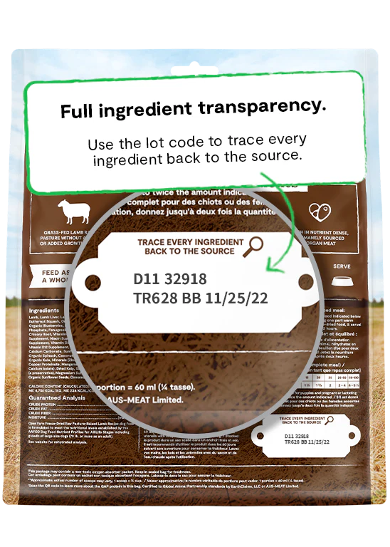 Fully traceable ingredients for Open Farm’s Pasture-Raised Lamb formula.