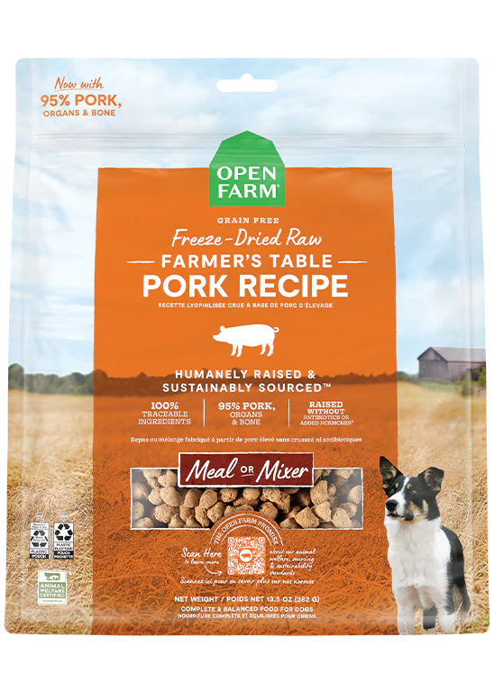 Open Farm Farmer’s Table Pork Freeze Dried Raw bag showing premium, humanely raised pork and organic ingredients for balanced nutrition.