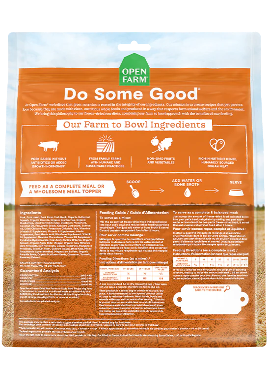 Detailed label of Farmer’s Table Pork Freeze Dried Raw with high-quality, ethical ingredients and no additives.