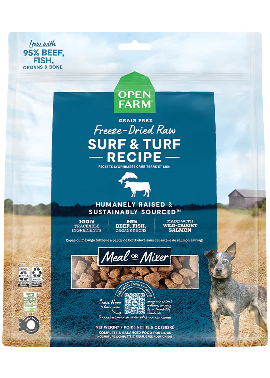 High-quality Open Farm Surf & Turf Freeze Dried Raw Dog Food bag featuring pasture-raised beef, wild-caught salmon, and organic veggies for balanced health.