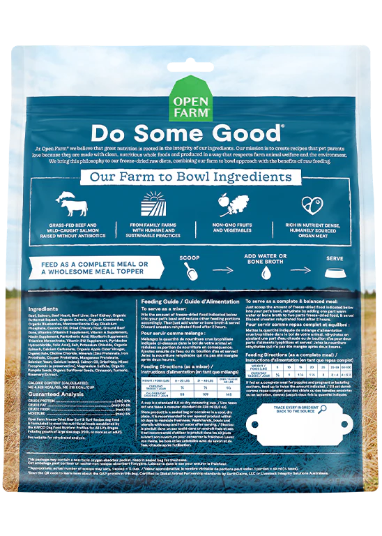 Detailed benefits and ingredients for Open Farm Surf & Turf, including pasture-raised beef, salmon, and organic veggies for a natural diet.