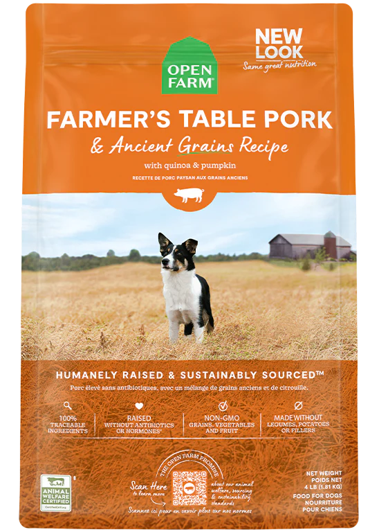 Open Farm Farmer’s Table Pork Dog Food with responsibly raised pork and ancient grains for lean muscle and digestion support.