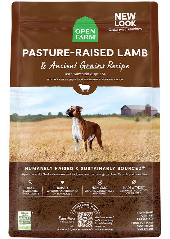 Open Farm Pasture-Raised Lamb & Ancient Grains Dry Dog Food with protein-rich lamb and ancient grains for energy, digestion, and skin health.