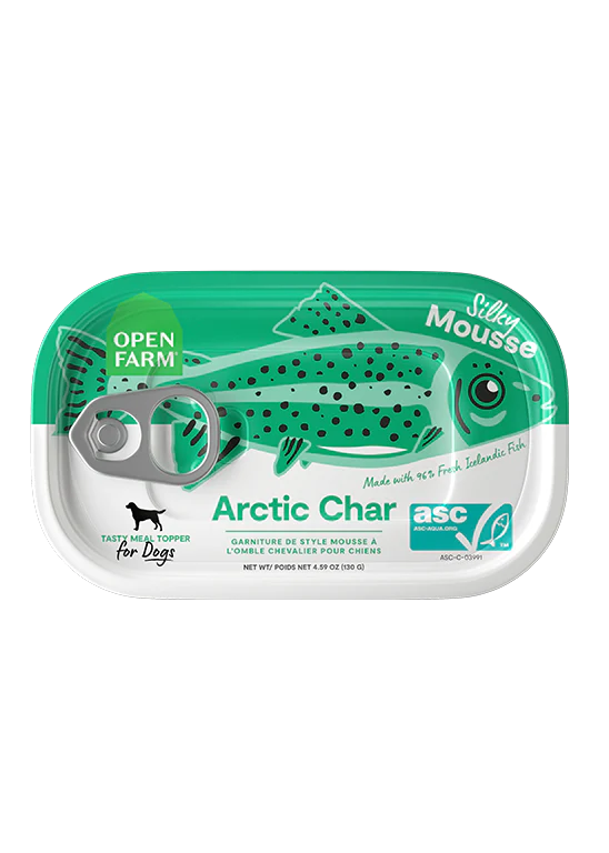 Front view of Open Farm Arctic Char Topper, highlighting its fresh, ASC-certified Icelandic arctic char and human-grade ingredients.