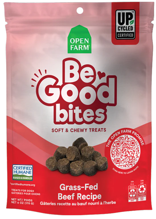 Front view of Open Farm Be Good Bites Grass-Fed Beef Recipe Dog Treats in resealable bag