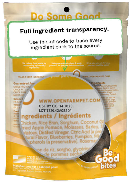 Open Farm Be Good Bites Chicken Recipe transparency in sourcing, showing back label