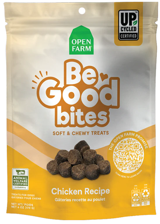 Front of Open Farm Be Good Bites Chicken Recipe Dog Treats with eco-friendly packaging