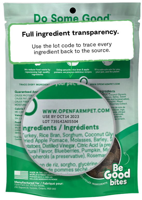 Back of Open Farm Be Good Bites Turkey Recipe showcasing transparency in sourcing and ingredients