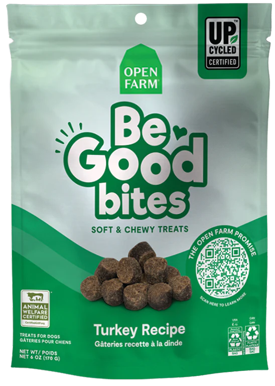 Front view of Open Farm Be Good Bites Turkey Recipe Dog Treats in recyclable packaging