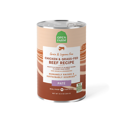 Front view of Open Farm Chicken & Beef Pâté canned wet dog food, featuring ethically sourced chicken and beef with non-GMO ingredients.