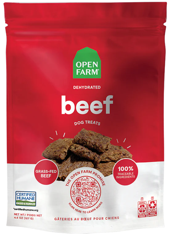 Front view of Open Farm Dehydrated Beef Dog Treats bag showcasing grass-fed beef.