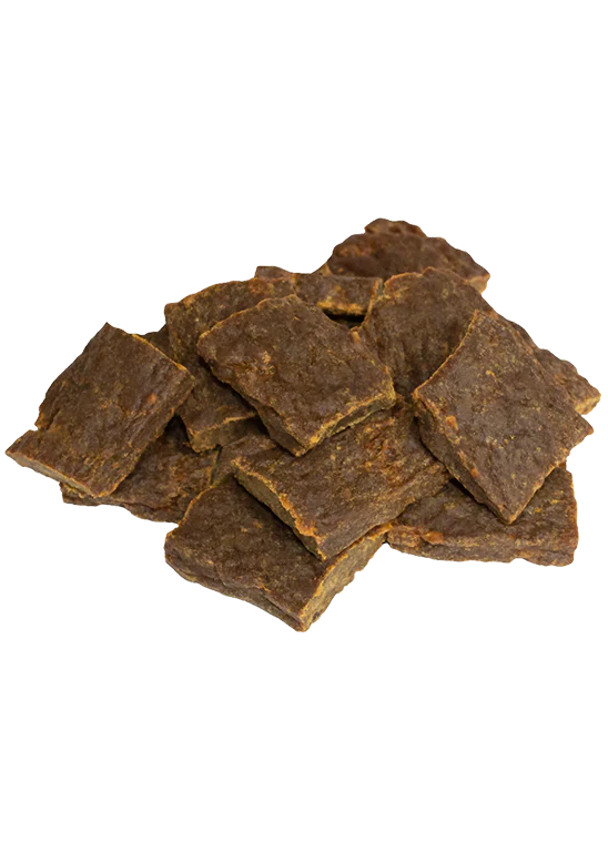 Close-up of Open Farm Dehydrated Beef Dog Treats showing the rich texture.