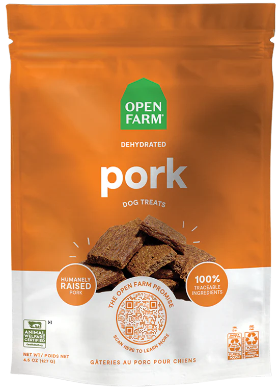 Front view of Open Farm Dehydrated Pork Dog Treats bag featuring humanely raised pork.